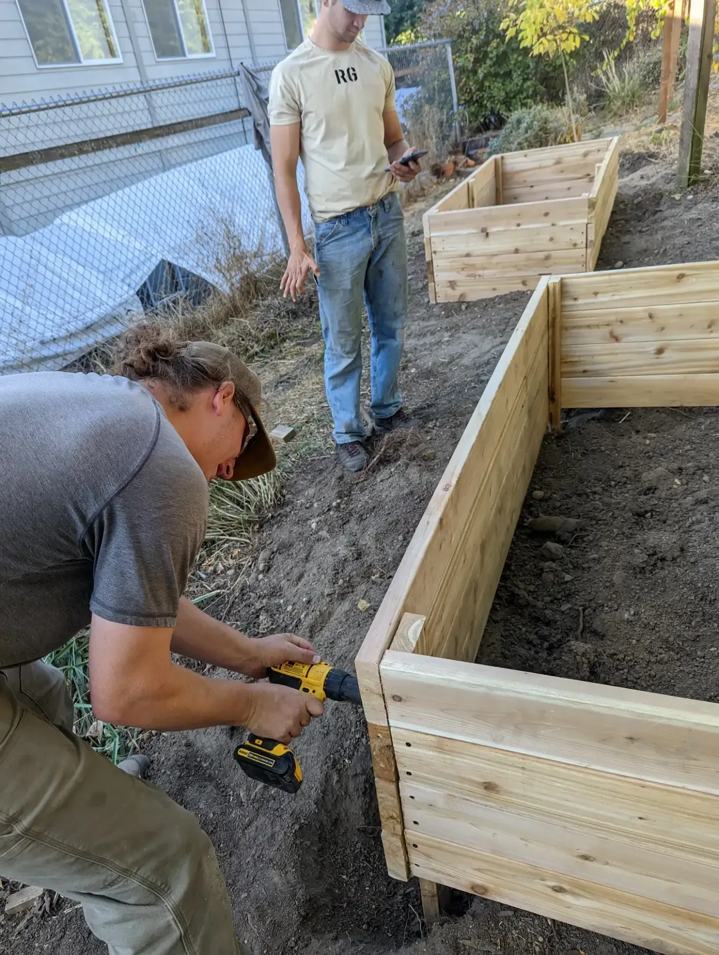 Cedar raised garden boxes being screwed together on bare slope