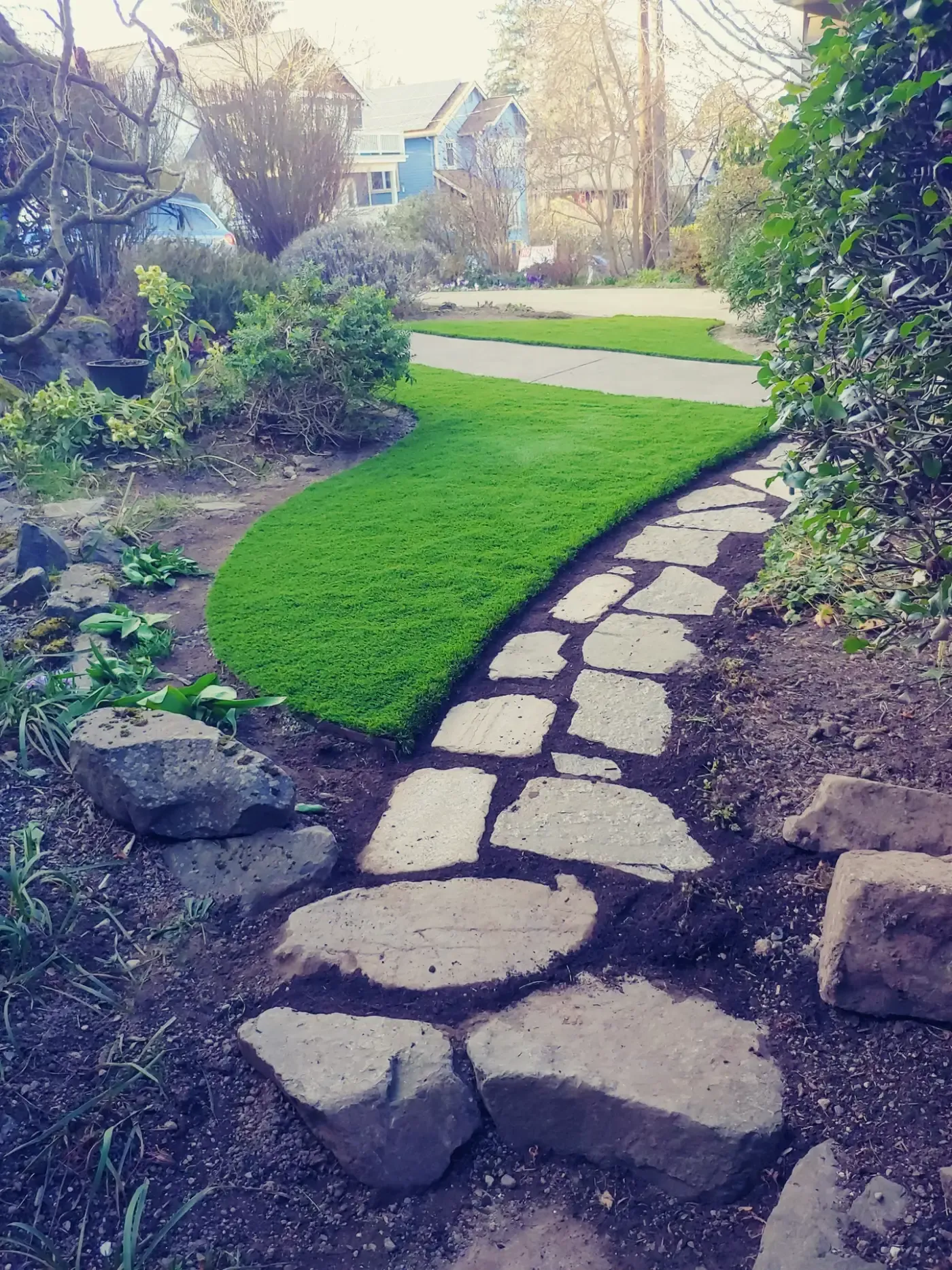 Curving flagstone path past lawn, boulders and shade plantings
