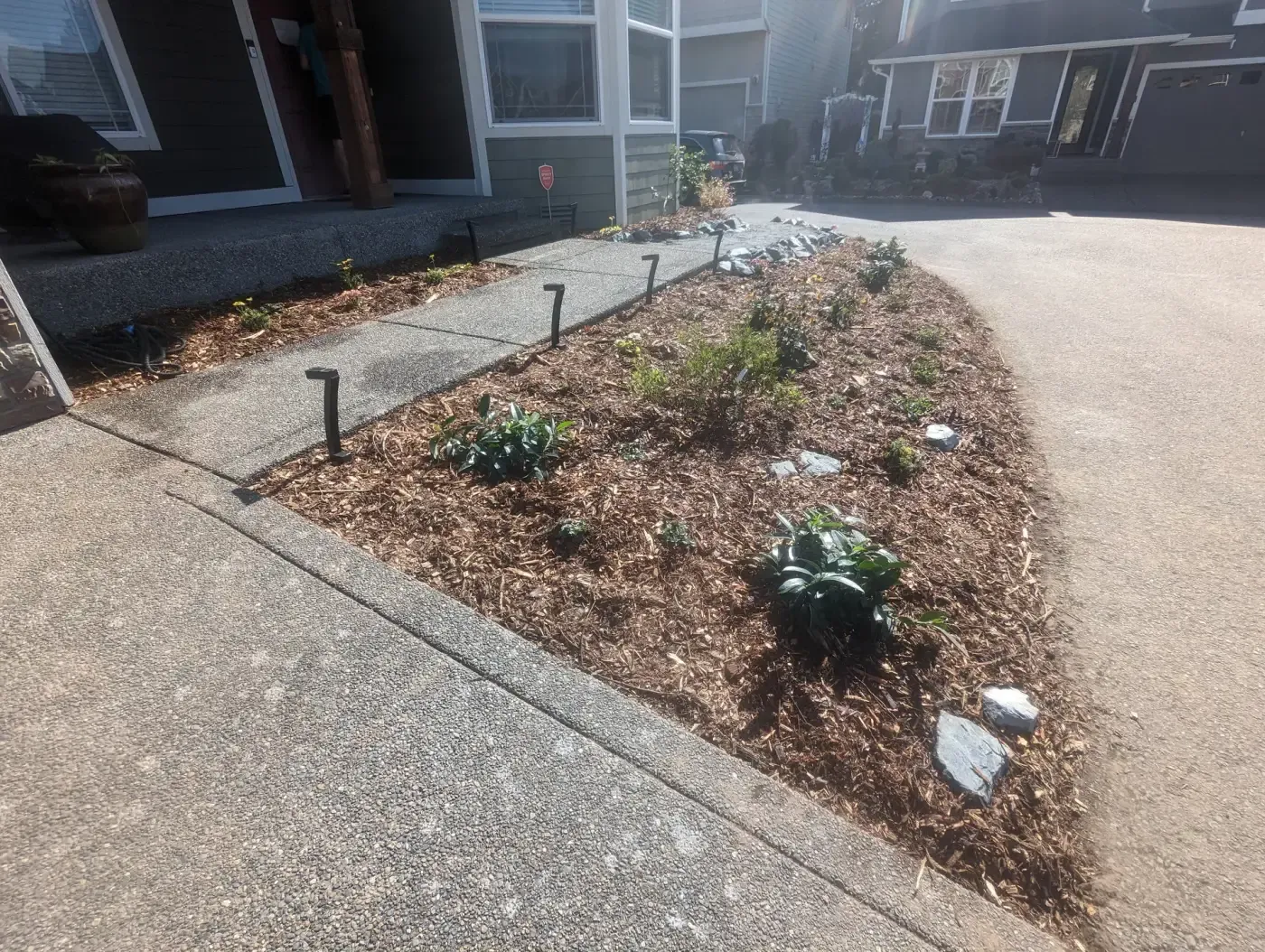 Freshly barked planting strip beside concrete front walkway and driveway