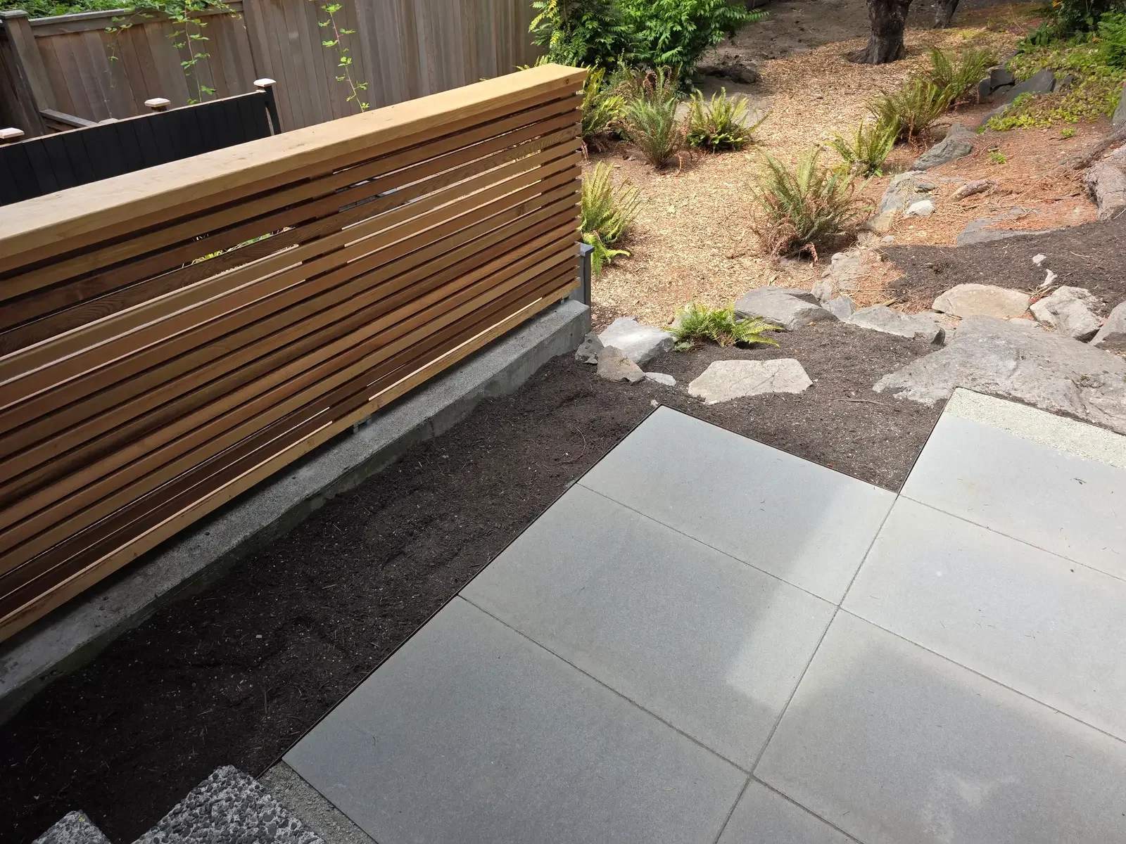 Large format concrete slabs meeting a horizontal cedar screen fence and a planted slope