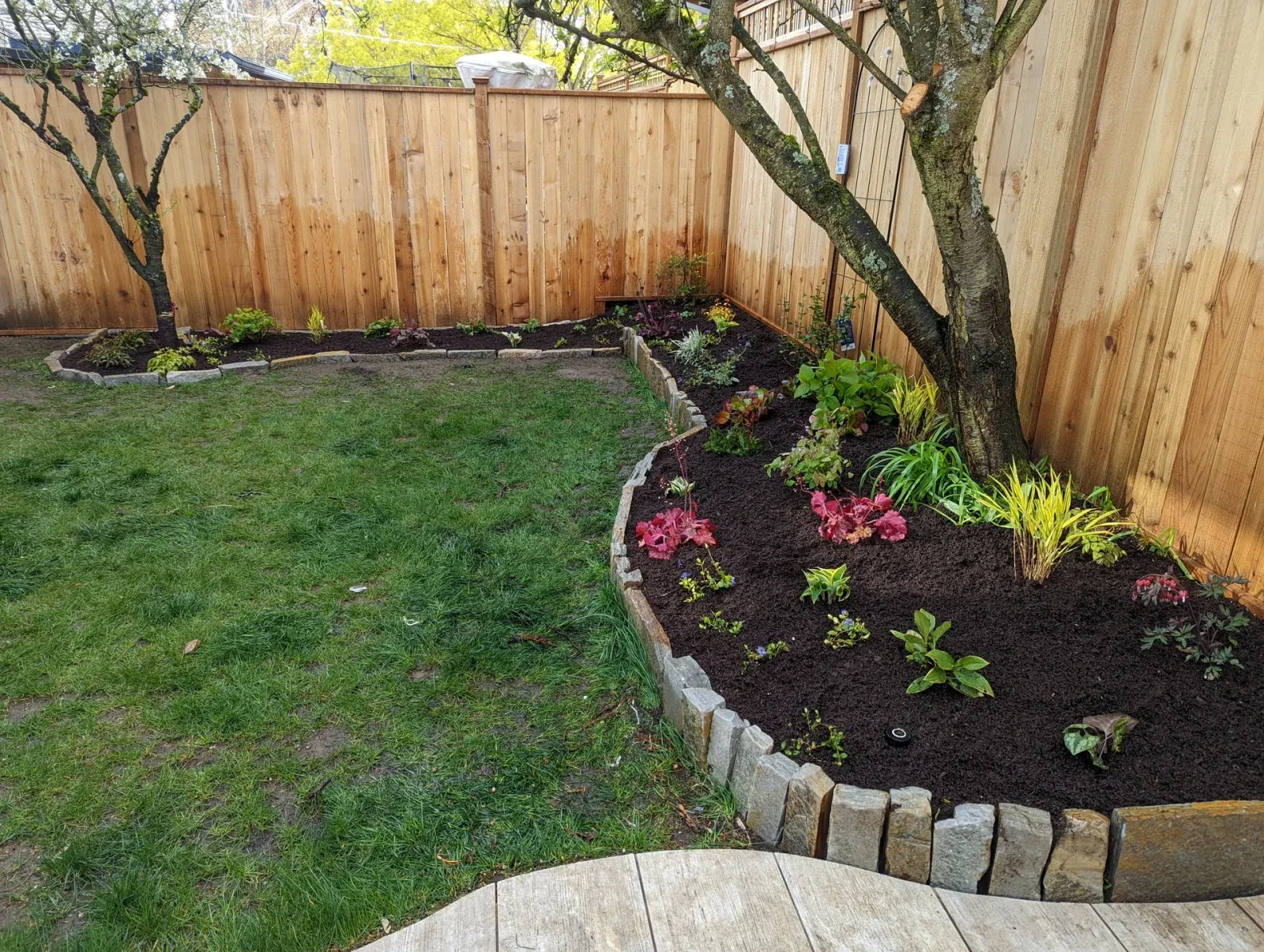 Backyard lawn with a curved edged border meeting a flagstone patio corner