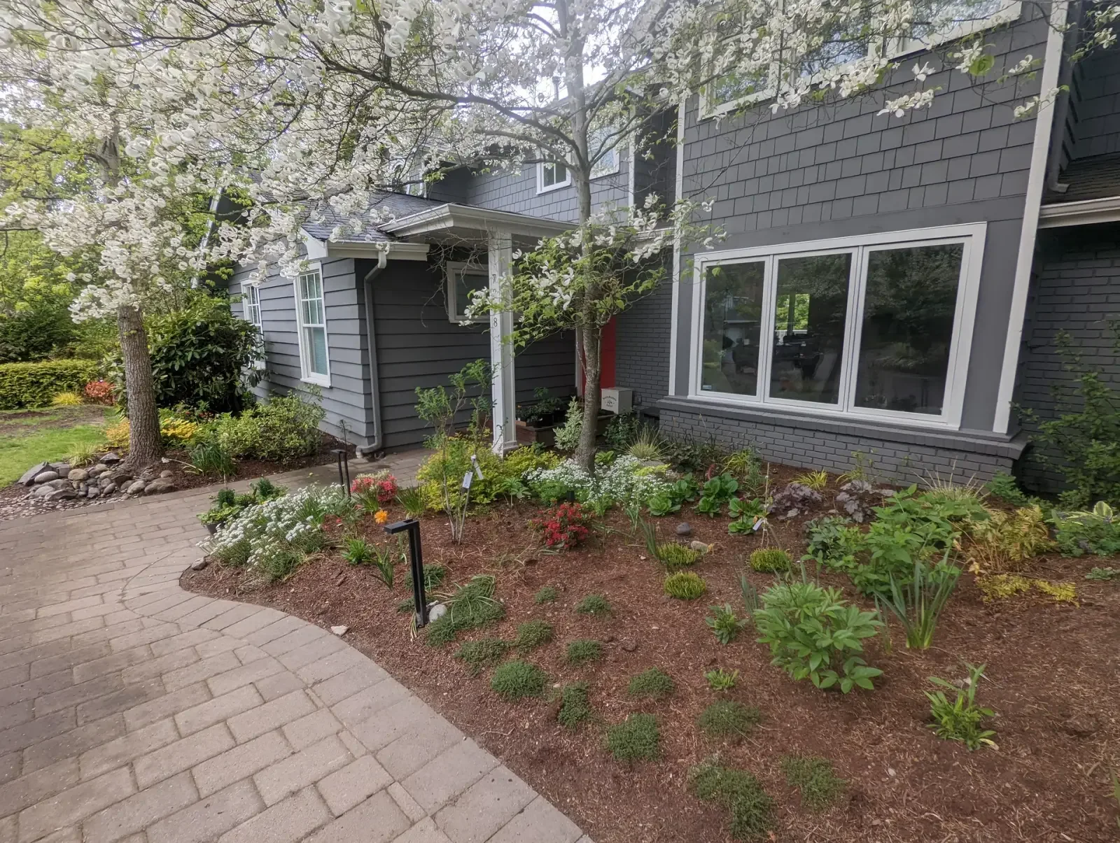 New front bed running along a grey house beside a paver walkway in spring
