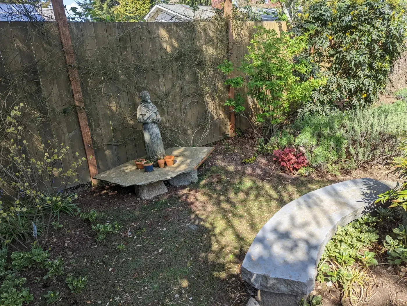 Two stone slab benches, garden statue and bamboo screen panel