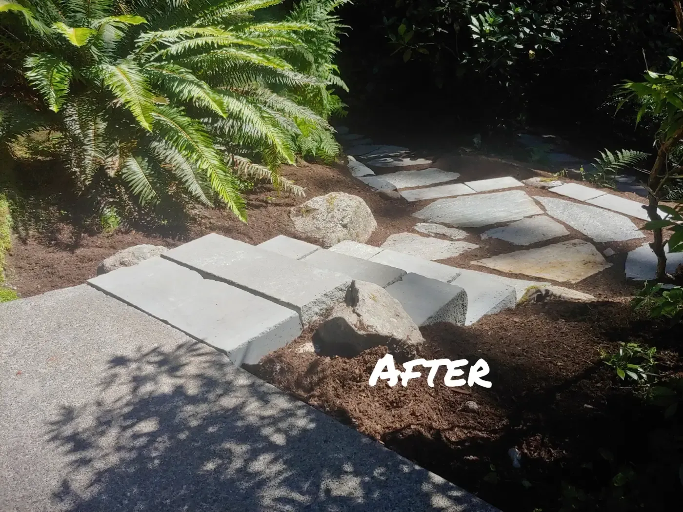 Large stone slab stairway set beside ferns and boulders