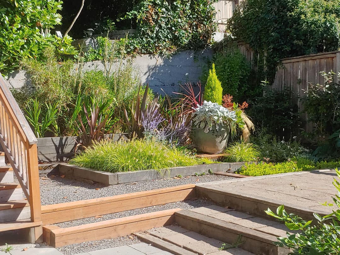 Lush garden with diverse plants and a decorative pot near wooden steps in a sunny backyard.