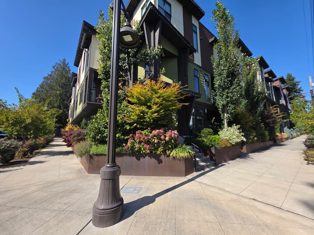 Modern townhouse with vibrant landscaping and clear blue sky on a sunny day.