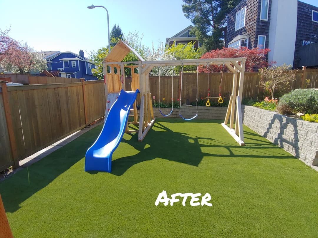 Playground transformation with slide and swings on artificial grass in a sunny backyard.